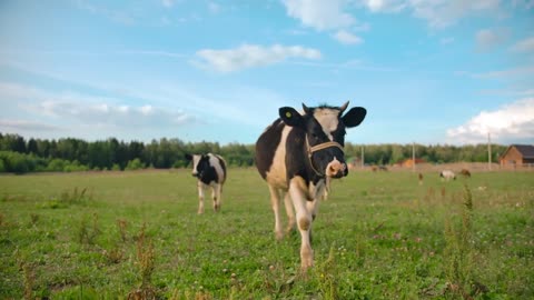 Cow walking in green field