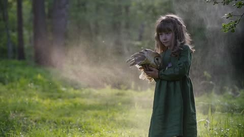 Little girl with an owl in a fairy forest. Friends