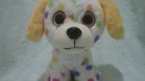 Cute white stuffed dog with colorful spots and yellow ears, very fluffy! [Nature & Animals]