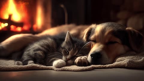 A cat and dog sleeping by a warm fire.