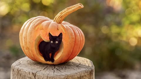 A cute cat inside the pumpkin for a feast