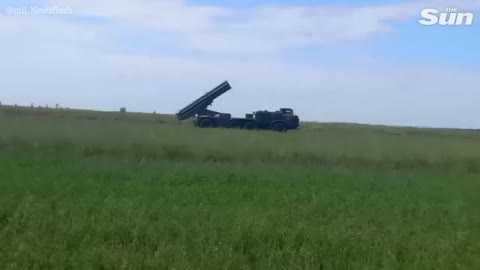 Russian Uragan rocket system fires multiple rockets at Ukrainian positions