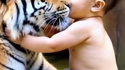 little kid with bengal tiger