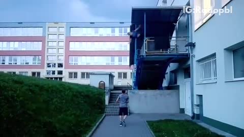 Guy flips off balcony lands in bushes next to other man