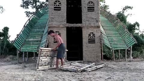 Build Three Story Mud House With Bamboo Water Slide Around House And Build Big Swimming Pool (full)