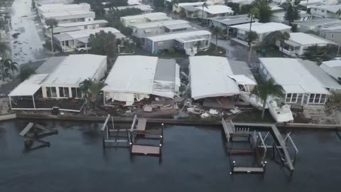 Damage from Hurricane Helene storm surge at Harbor Lights Club mobile home park in Pinellas County Florida