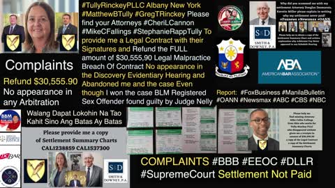 Tully Rinckey / Cheri L. Cannon Esq / Client Complaints Refund $30, 555.90 Legal Malpractice Breach Of Contract No Appearance In Discovery Evidentiary Hearing / Supreme Court / Tully Rinckey PLLC / BBB / FoxBusiness / Newsmax / OAN / BBB Complaints / DLLR