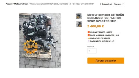 AEPSPIECES.COM - Moteur complet CITROËN BERLINGO (B9) 1.6 HDI 92CV DV6DTED 9HP