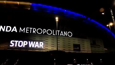 Atletico Madrid's stadium lights up in Ukrainian flag