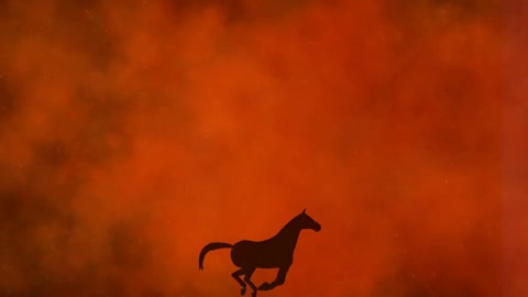 The silhouette of a lone horse galloping through raging wildfires