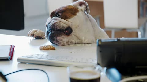 Bulldog trying to reach a cookie on the desk in an office stock video