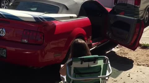 White surf board on top of red car