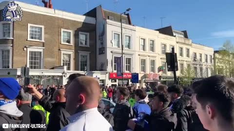 Chelsea fans gather in front of Stamford bridge to celebrate the team to UEFA champions league final