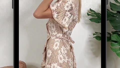 Double Take Floral Lace Pompom Detail Tie-Waist Flutter Sleeve Dress