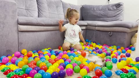 Adorable Baby Girl and Cute Kitten are Having Fun Playing with Colored Balls!