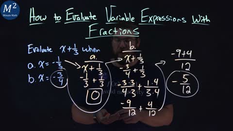 How to Evaluate Variable Expressions with Fractions | Evaluate x+1/3 when x=-1/3 and x=-3/4 | 1 of 4