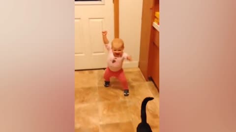 Cute baby & cat are playing so funny..