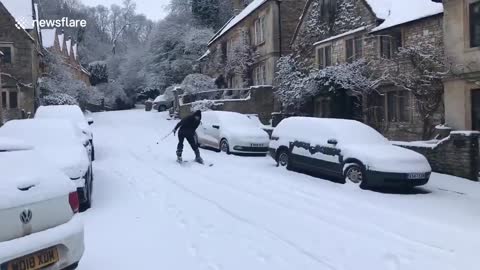 Ski Sunday Man filmed skiing down street in Wiltshire in UK