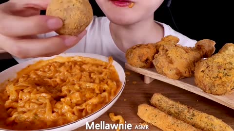 ASMR MUKBANG｜CHEESY CARBO FIRE NOODLES, CHICKEN, CHEESE BALL, CHEESE STICK EATING SOUNDS