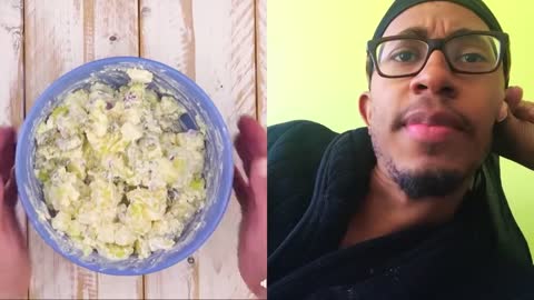 Hilarious guy reacts to potato salad cake