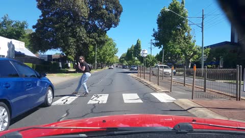 Driver Almost Hits Pedestrian at Crosswalk