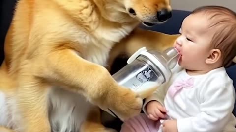 A DOG IS PETTING A BABY