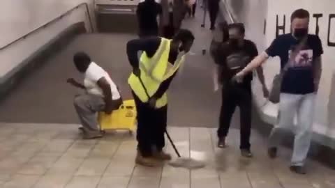 New York subway: Homeless guy shitting into cleaning bucket