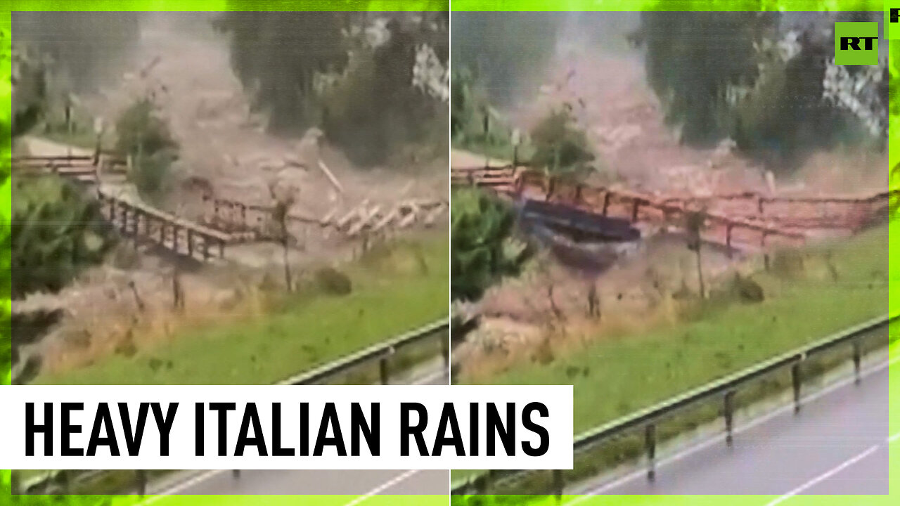 Overflown river destroys bridge in Italy