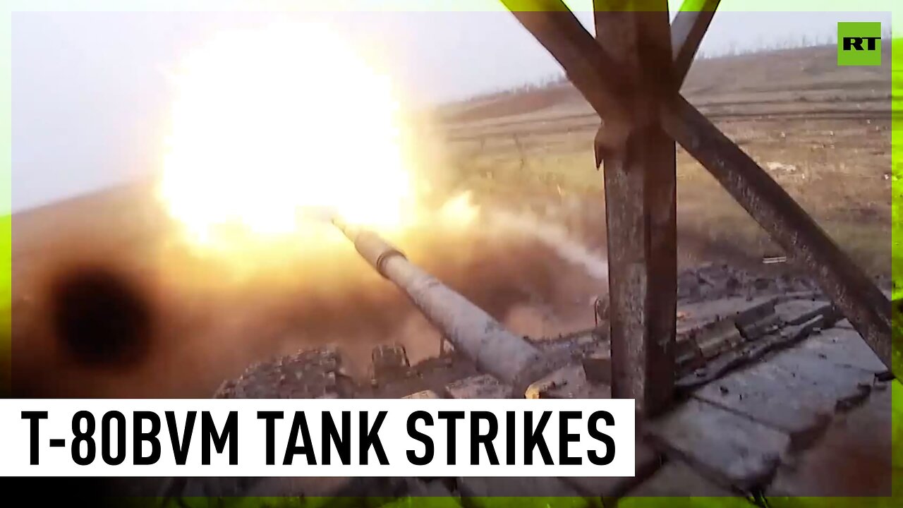 Russian T-80BVM tank strikes Ukrainian positions