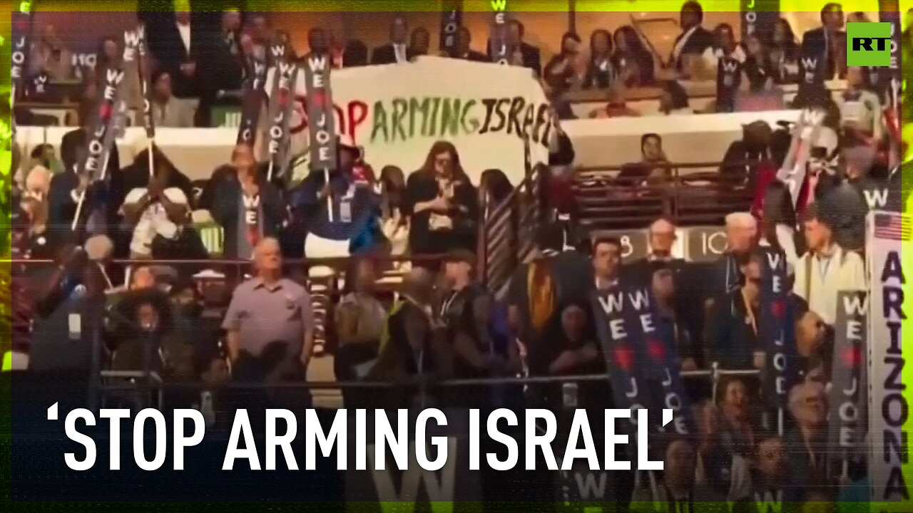 Protesters unfurl banner during Biden’s speech at DNC