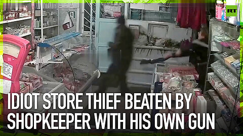 Idiot store thief beaten by shopkeeper with his own gun