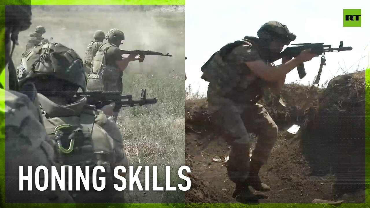 Russian riflemen practice tactics for capturing enemy strongholds and trenches