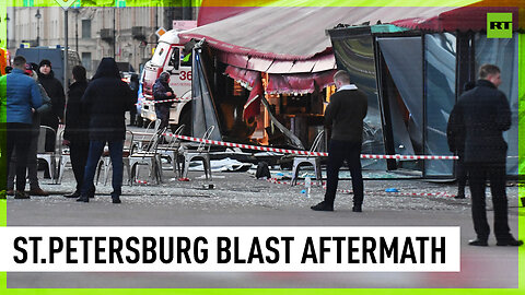 Injured people exiting cafe in aftermath of blast which killed Russian blogger Tatarsky