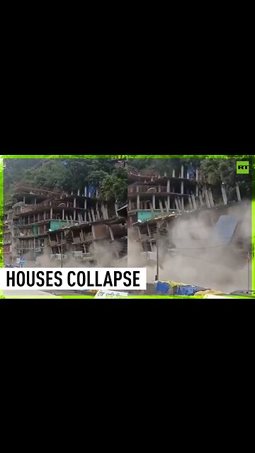 Housing buildings collapse in Himachal Pradesh, India due to landslides