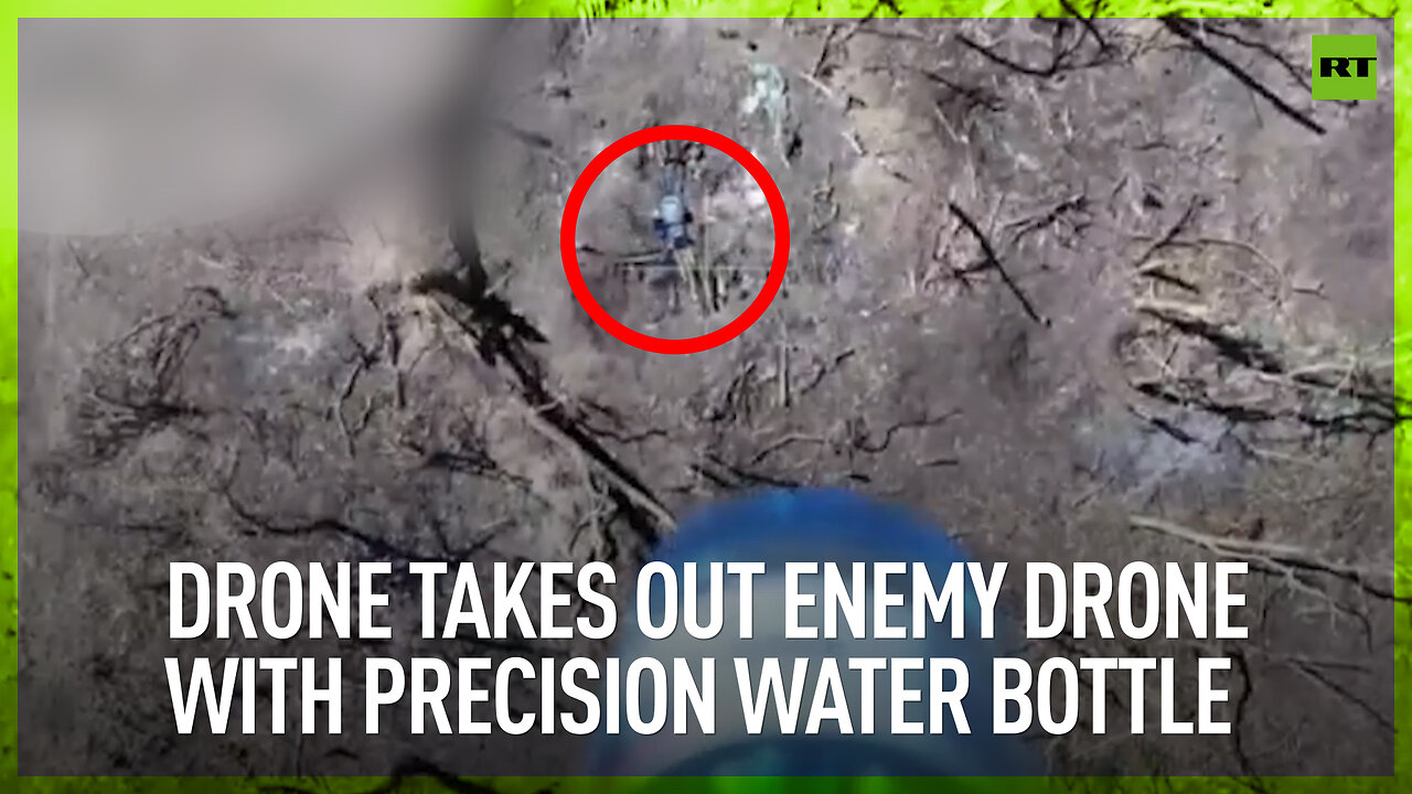 Drone takes out enemy drone with precision water bottle