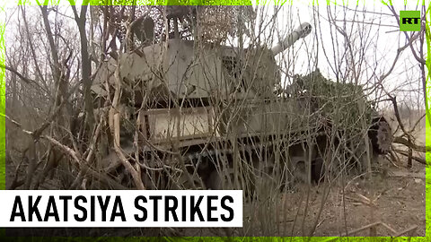 Russian artillerymen strike Ukrainian armored vehicle with Akatsiya self-propelled gun