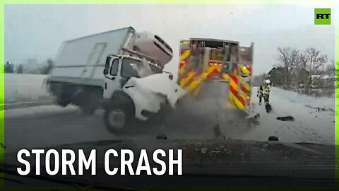 Box truck smashes into emergency vehicles in Michigan