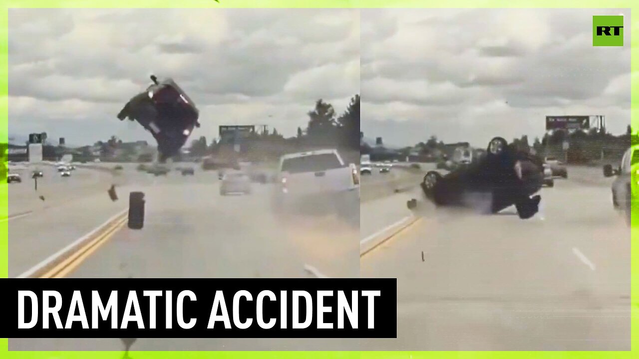 Popped off tire sends car flying into air on LA freeway