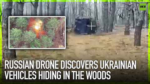 Russian drone discovers Ukrainian vehicles hiding in the woods