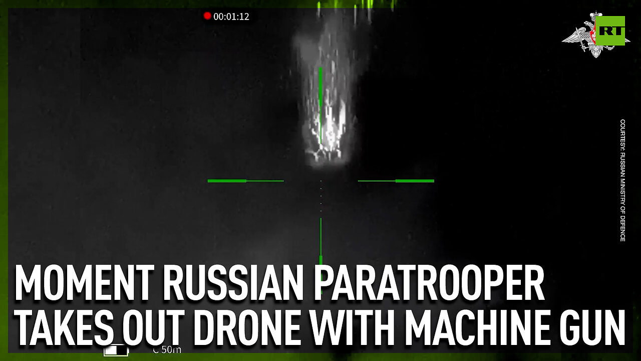 Moment Russian paratrooper takes out drone with machine gun