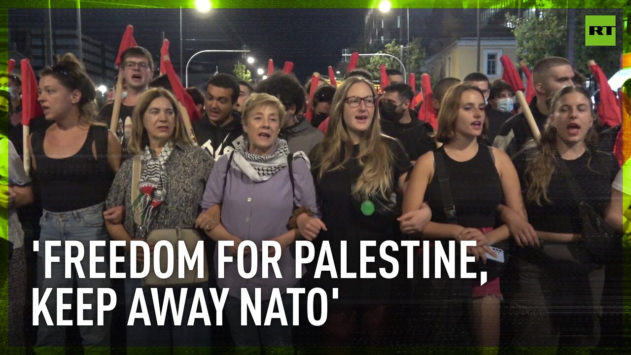 Anti-NATO protesters march in solidarity with Palestine and Lebanon in Athens