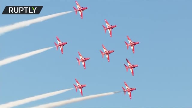 The UK's Royal Air Force aerobatic team, the Red Arrows, performs for the G7 leaders in Cornwall