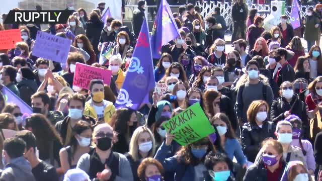 Scuffles erupt at rally against Turkey's withdrawal from domestic violence treaty