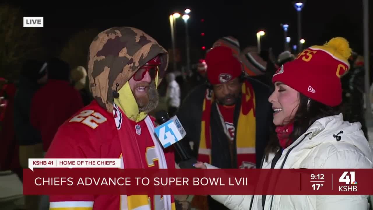 Fans outside GEHA Field at Arrowhead Stadium are celebration