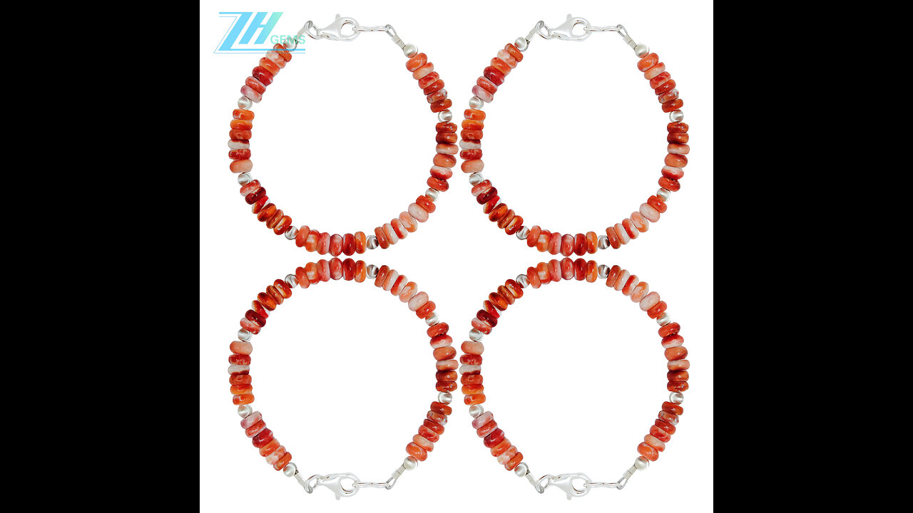 Orange spiny oyster roundle beads and Cat-eye 925 silver beads gemstone bracelet