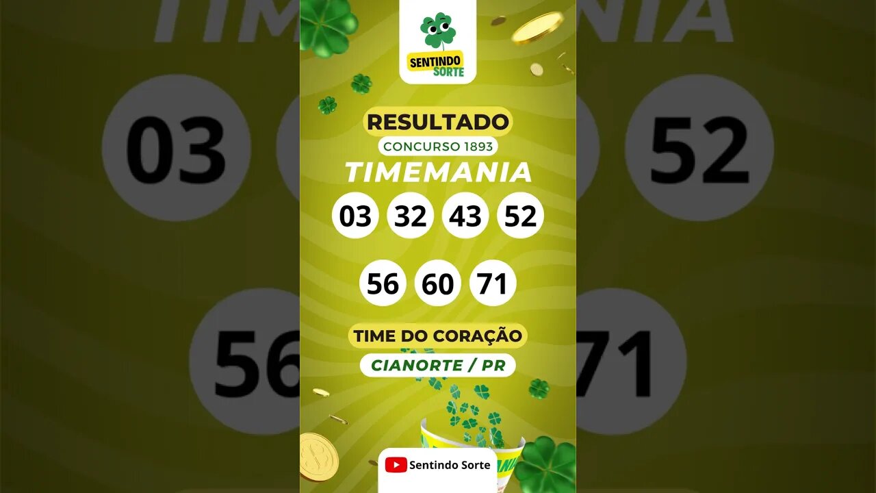 🍀 Resultado TIMEMANIA 1893 | Sentindo Sorte #shorts