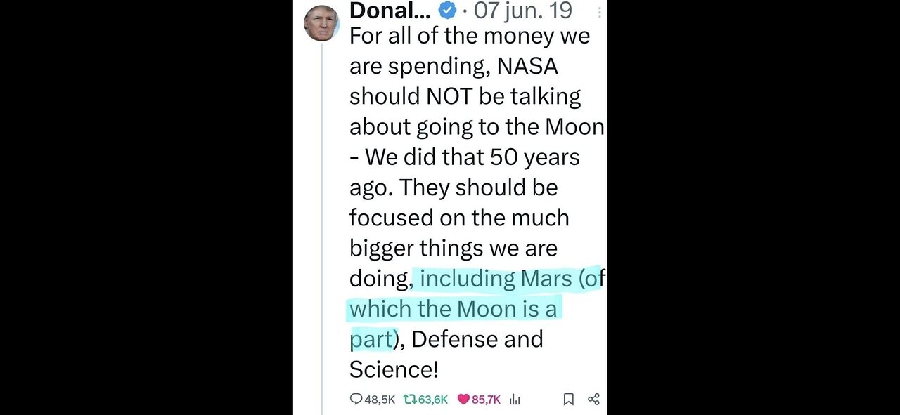 Nasa's 'agenda' should be focused on going to Mars (of which the Moon is a part) - Donald Trump.
