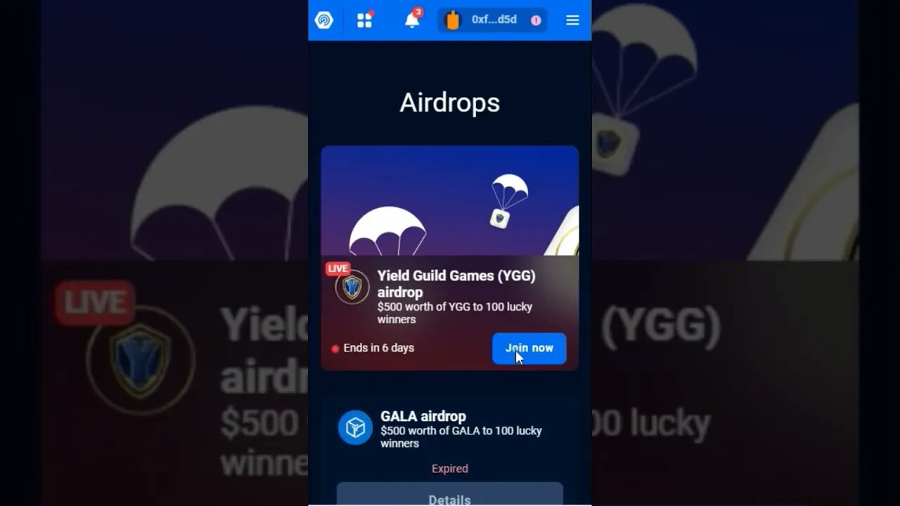 Airdrop do token YGG na Dappradar: $500 em YGG dividido entre os 100 ganhadores.