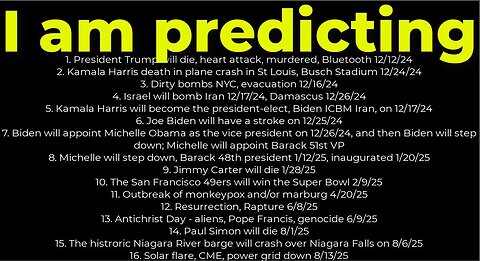 I am predicting: Harris will crash 12/24; Trump's death 12/12; bombs NYC 12/16