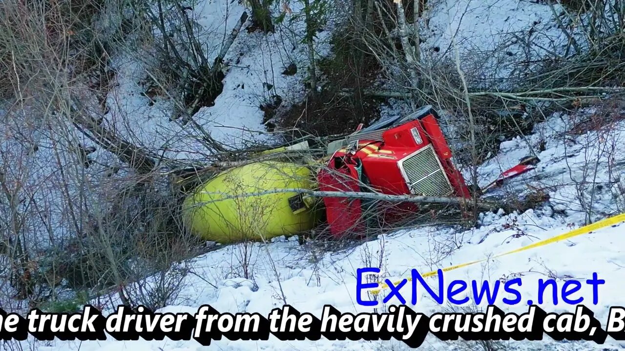 Vernon Cement Truck Rolls off Road into Ravine Injuring Driver